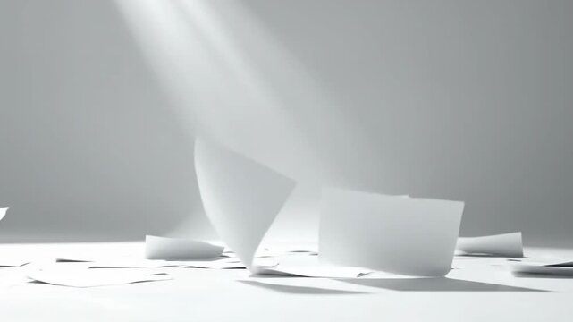 Abstract white papers floating in a bright studio, illuminated by a spotlight.
