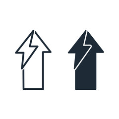 Arrow with lightning. Direction of strong impact. Vector linear icon illustration isolated on white background.