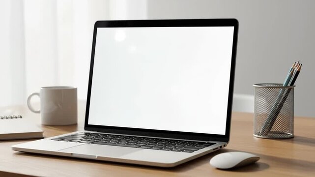 Modern laptop with a blank screen on a wooden desk, ready for work.