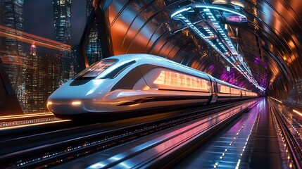 Sleek futuristic high speed bullet train speeding through a brightly lit modern subway tunnel with neon reflections near a towering illuminated cityscape at night