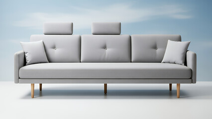 Obraz premium Light gray sofa with tufted back and wooden legs against blue sky couch furniture
