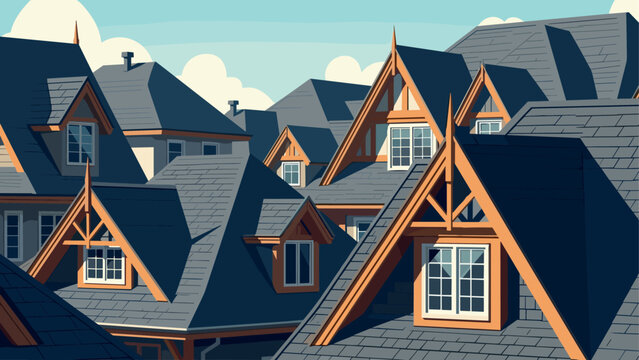 Charming suburban roofs with dormer windows in flat style on a sunny day