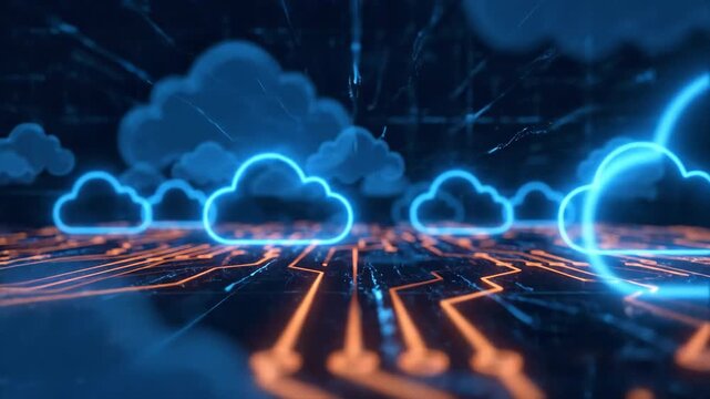 Neon blue clouds hover over an orange circuit board representing digital data flow.