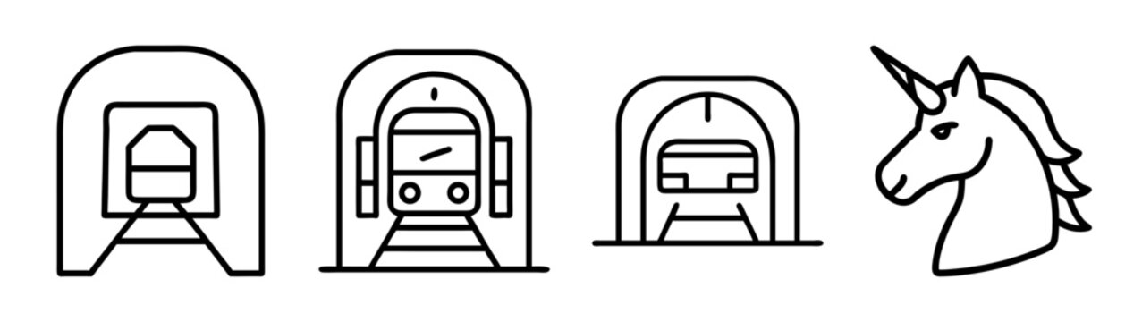Line art icons featuring train tunnels and a mythical unicorn
