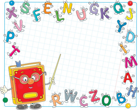 Frame with a cartoony school textbook and funny colorful letters from ABC book with alphabet for elementary school, vector illustration