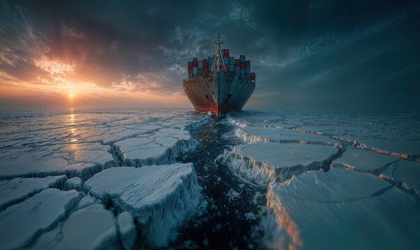 Cargo container ship breaking through cracked Arctic ice at sunset symbolizing climate change impact and emerging northern shipping routes with environmental challenges