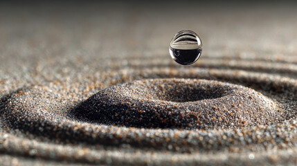 Extreme close-up of single water droplet above textured sand surface with micro ripple patterns and soft shadow on neutral background, minimalist tactile concept