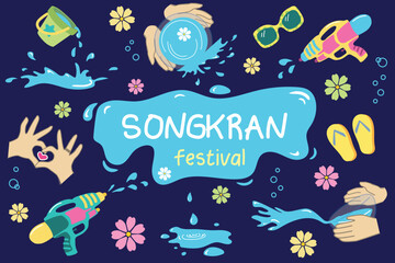 Colorful Songkran Festival Vector Illustration with Water Splash Icons, Thai New Year Celebration Elements, Playful Flat Design