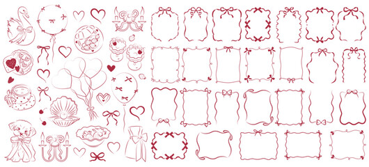 Valentine day red icons. Hand drawn love hearts. Vector illustration. Heart in red color, party icon for design. Love, romance hearts. Vector icons. Heart love symbol, bows. For gifts, Valentine's Day