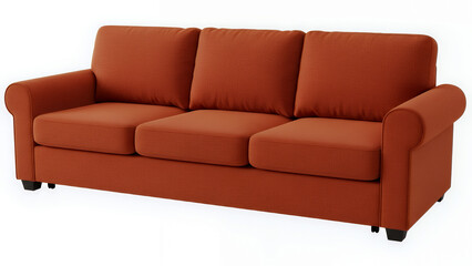 Three seater burnt orange fabric sofa with rolled arms on white background couch