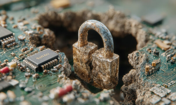 Rusty broken padlock on damaged circuit board with cracked pathways symbolizing cyber security vulnerability and infrastructure sabotage risk concept