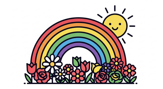 Colorful rainbow and smiling sun with vibrant flowers illustration happy weather positive emotions and nature's beauty