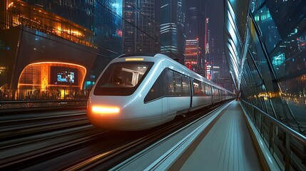 Sleek futuristic white commuter train speeds along elevated tracks through a brilliantly illuminated modern metropolis filled with towering glass skyscrapers at night