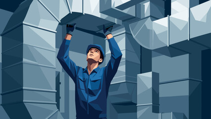Technician adjusting air ducts in modern industrial setting