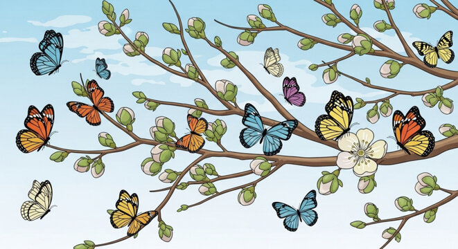 Colorful butterflies flying around blooming tree branches with green leaves and white flowers under blue sky