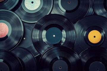 Vinyl discs arranged on a surface showing various colors and patterns from a collection of old records in a classic design