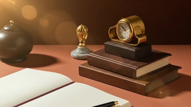 Elegant workspace setup featuring an open notebook, pen, and vintage clock on books.