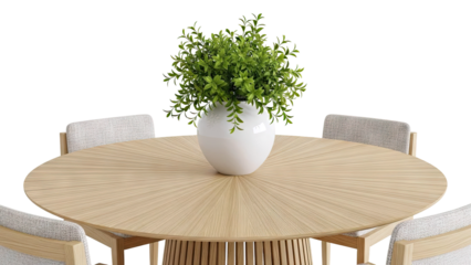 Modern dining set with round wooden table and upholstered chairs