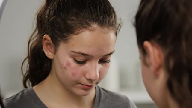 A young person looks in a mirror, examining facial blemishes