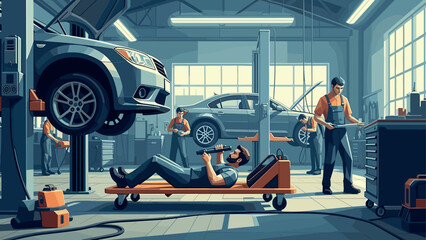 Dynamic auto repair shop scene with mechanics at work in modern garage