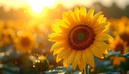 Vibrant sunflower with dew drops illuminated by golden sunrise light in a field.