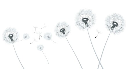 Obraz premium Airy image of dandelion seed heads against a white background with floating seeds