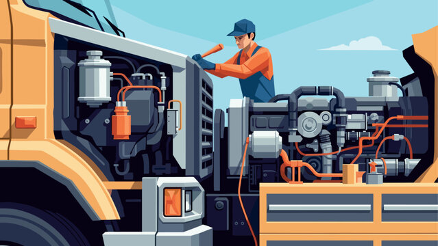 Mechanic performing truck engine maintenance in geometric art style