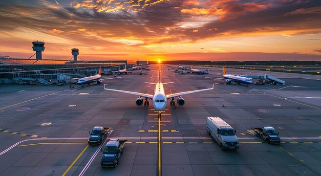 Airplane on tarmac at dusk with vibrant orange sky. Airport features visible control towers and vehicles