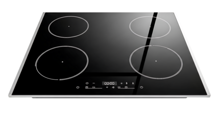 Black glass induction cooktop with four burners isolated on transparent background