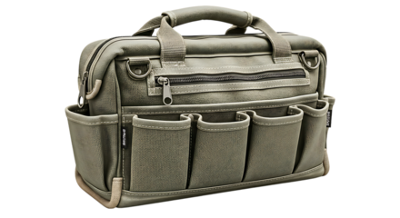 Camouflage tactical bag with multiple pockets isolated on transparent background