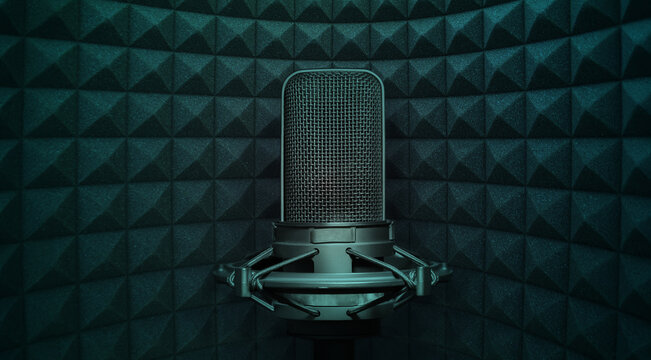 Audio podcast microphone in recording studio