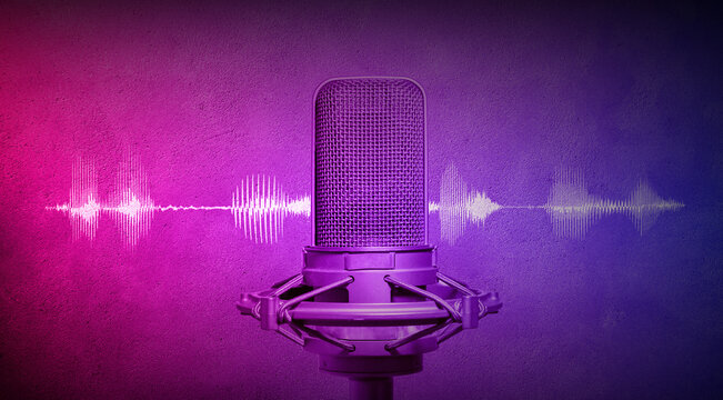 radio broadcast or podcast production background with microphone and audio waveform