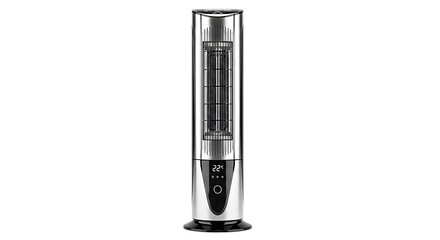 A sleek and modern tower fan with a clear plastic body and black base isolated on transparent background