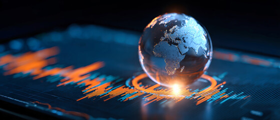 A transparent glass hologram of Earth sits on a digital tablet, glowing against a dynamic stock market chart in blue and orange, embodying modern financial technology