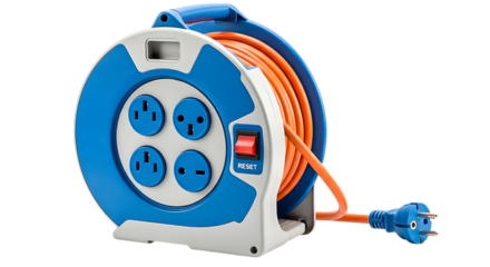 Blue and white electric cable reel with orange cord and four outlets isolated on transparent background