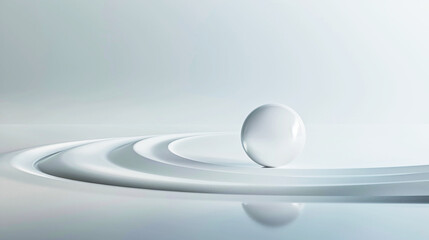 Minimalist abstract composition with a white sphere on curved white surfaces