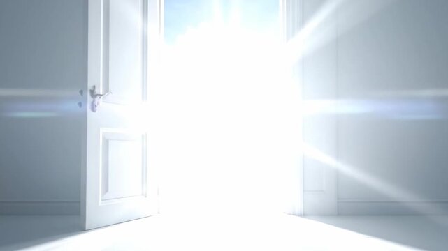 Open door with bright light shining through, symbolizing opportunity and new beginnings.