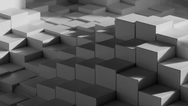 Abstract monochrome background featuring a geometric arrangement of cubic shapes with subtle lighting.