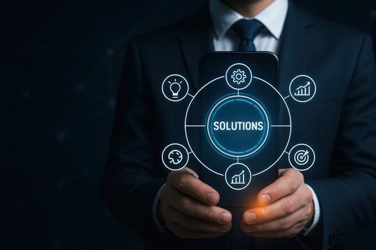 Tech-Savvy Executive: A sharply dressed executive, illuminated in the soft glow of a digital interface, showcasing business solutions via a cutting-edge mobile device.