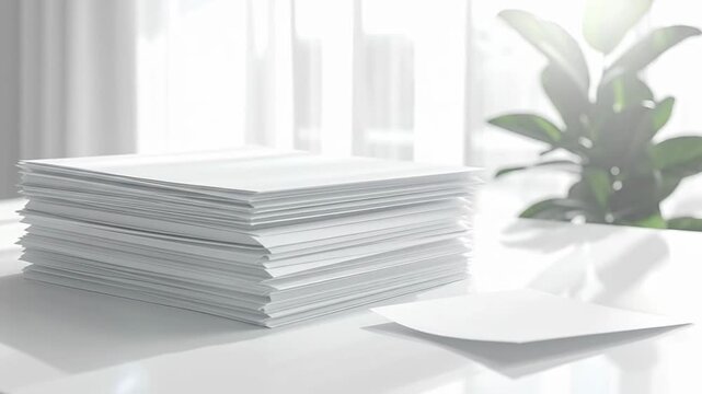 Stack of white paper on a white table with a plant in background.