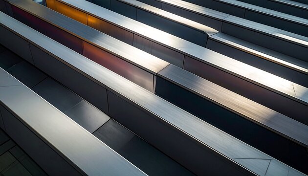 Abstract Metal Structure: An abstract composition of parallel metal bars creating a pattern of light and shadow, the interplay of textures adding depth and visual interest.