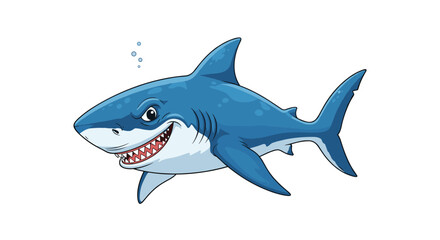 Obraz premium Large blue shark with a sharp smile and fins swimming in deep water with small bubbles in a bold cartoon illustration.
