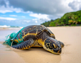 Obraz premium 網が絡まった亀