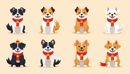 Obraz premium Flat illustration of assorted Chinese Zodiac dog icons arranged neatly in two rows on a simple plain background.
