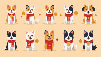 Obraz premium Flat illustration of assorted Chinese Zodiac dog icons arranged neatly in two rows on a simple plain background.