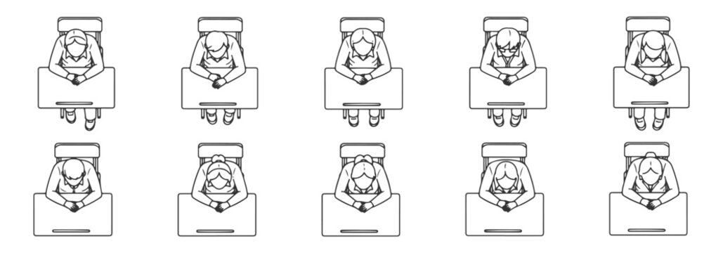 Architectural Vector Plan View: Top View Students Taking Exams in Classroom Outline for Educational Floor Plans