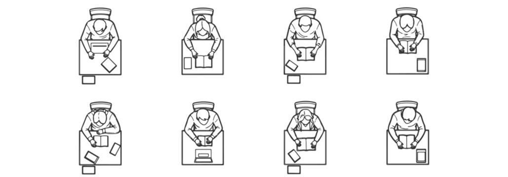 Architectural Vector Plan Assets: Top View Library Students Outline Reading and Sitting for Interior Layouts