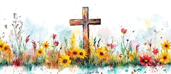 watercolor painting of an easter cross and wildflowers in a field, on a white background