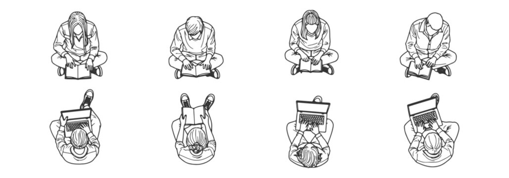 Architectural Vector Students for Floor Plans: Top View Figures Studying and Sitting for Educational Layouts in Outline Style