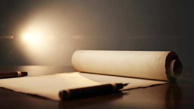 Elegant parchment scroll with quill pens, illuminated by a soft, warm light, creating a vintage atmosphere.